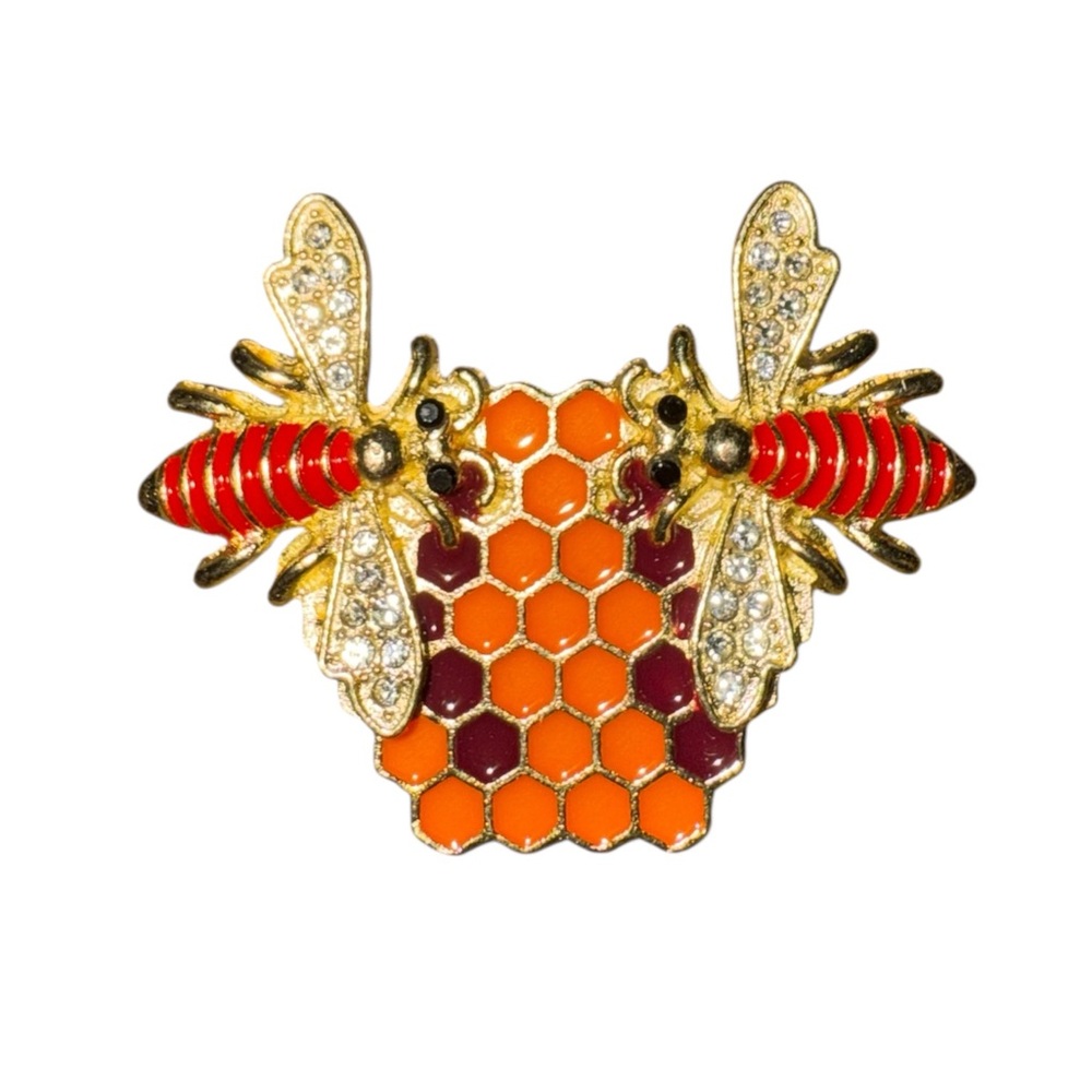 Gold Tone and Red Bee Honeycomb Brooch